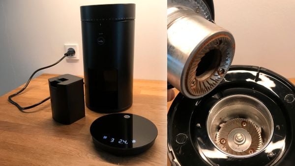 Wilfa Uniform WSFBS 100B on kitchen table with weight and grinder heads